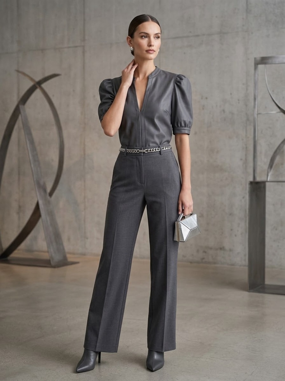 Steve Madden Charcoal Gray Puff-Sleeve Blouse